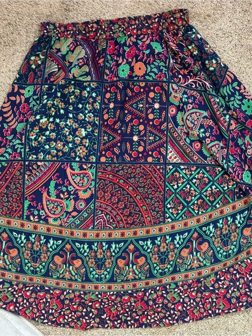 Serengeti Bohemian Patchwork Maxi Skirt elastic waist long and full